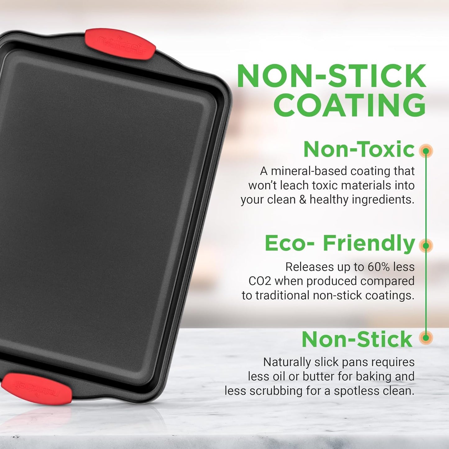 NutriChef Nonstick Kitchen Baking Pans Set - Premium Commercial Grade Metal Bakeware with Red Silicone Handles - Easy to Clean, 3-Piece Set