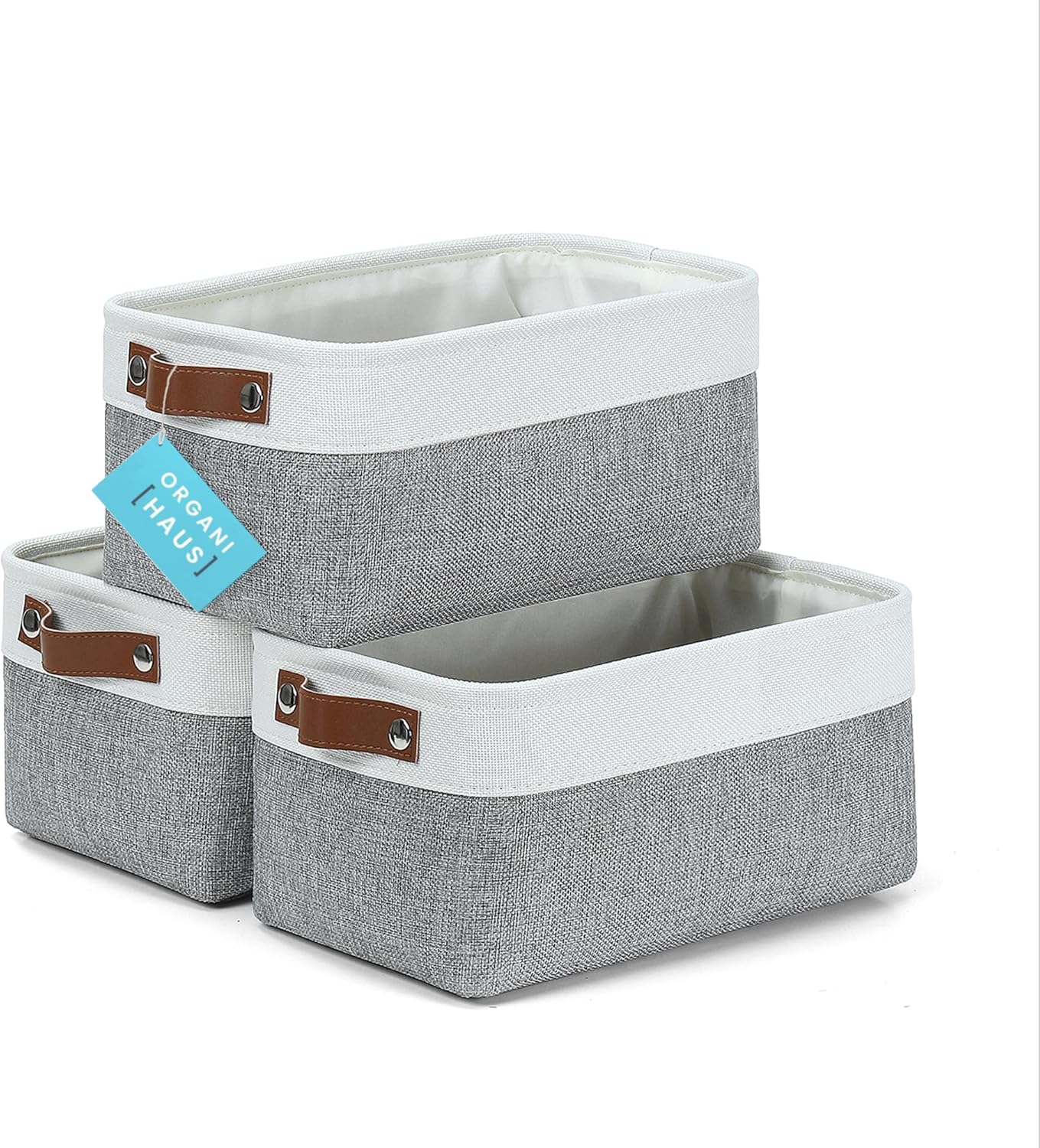 OrganiHaus Small Fabric Storage Baskets - 3 Pack Cloth Bins for Organizing | 12x8in Gray/Off-White
