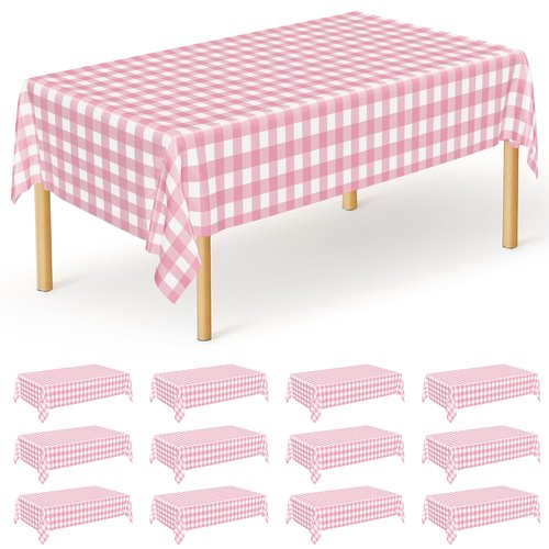 12Pack Table Cloth Rectangle Table, 54" x 108" Plastic Table Cloth Disposable, Waterproof Pink and White Checkered Table Cover for Outdoor Picnic Birthday Party Supplies Gathering BBQ Holiday Dinner