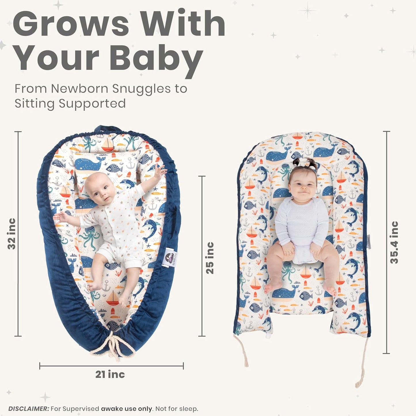 Skiennix Newborn Lounger - Flexible & Portable Infant Support Cushion in Blue | Soft 100% Cotton for Travel & Supervised Use