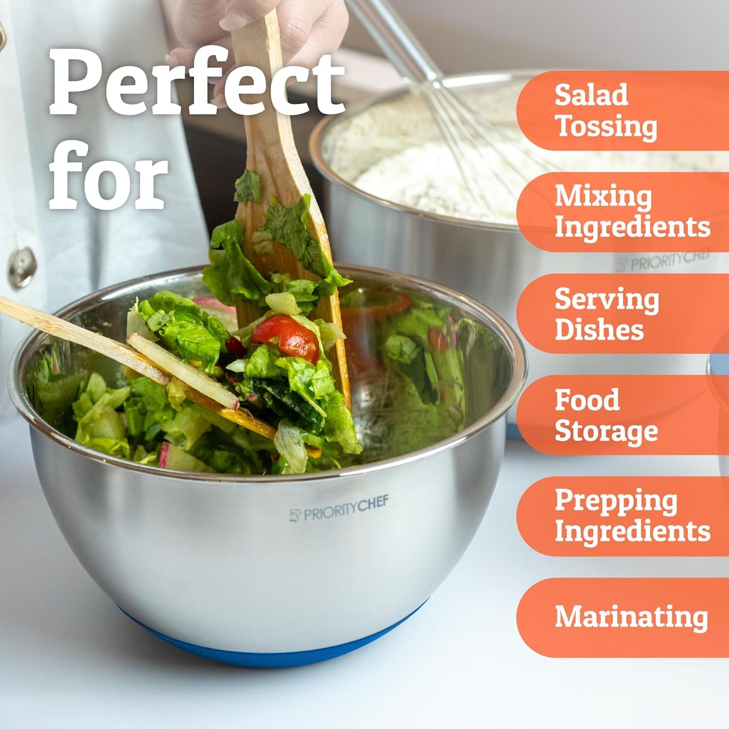 Priority Chef Premium Mixing Bowls - Airtight Lids Set, Durable Stainless Steel, Nesting Design | 1.5-5 Qt, Blue