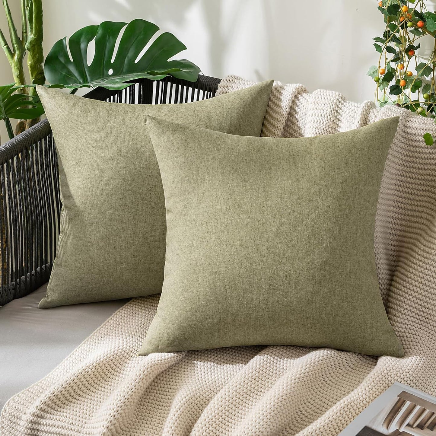 MIULEE Decorative Outdoor Throw Pillow Covers - Waterproof Faux Linen Cushion Cases | 16x16 Inch Light Olive Green (Pack of 2)