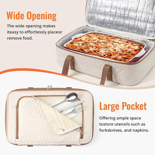 Insulated Casserole Carrier - Portable Hot/Cold Food Holder for Parties & Travel | Fits 9" x 13" Dish (Beige)