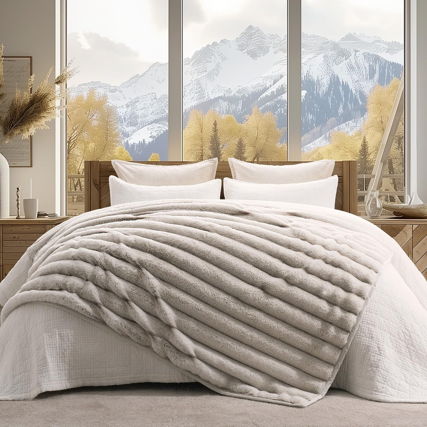 EverGrace Soft Luxury Faux Rabbit Fur Throw Blanket for Couch, Cozy Fluffy Channel Throw Blanket for Bed, Fuzzy Warm Thick Mink Blanket with Reversible Plush Velvet for Winter, Beige, 60"x80", 820GSM