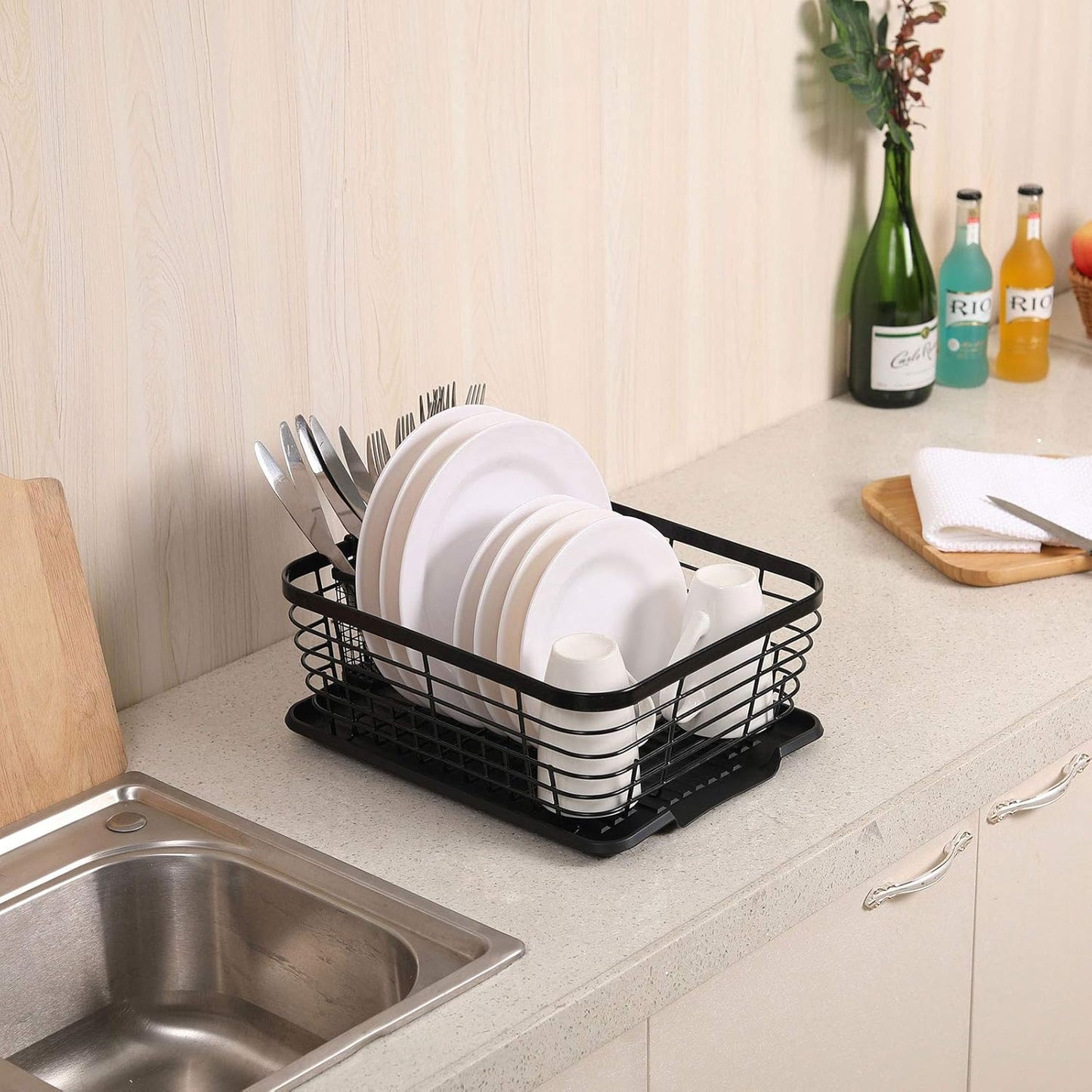TQVAI Kitchen Dish Drainer Rack - Includes Drying Board & Full-Mesh Utensils Holder | Black