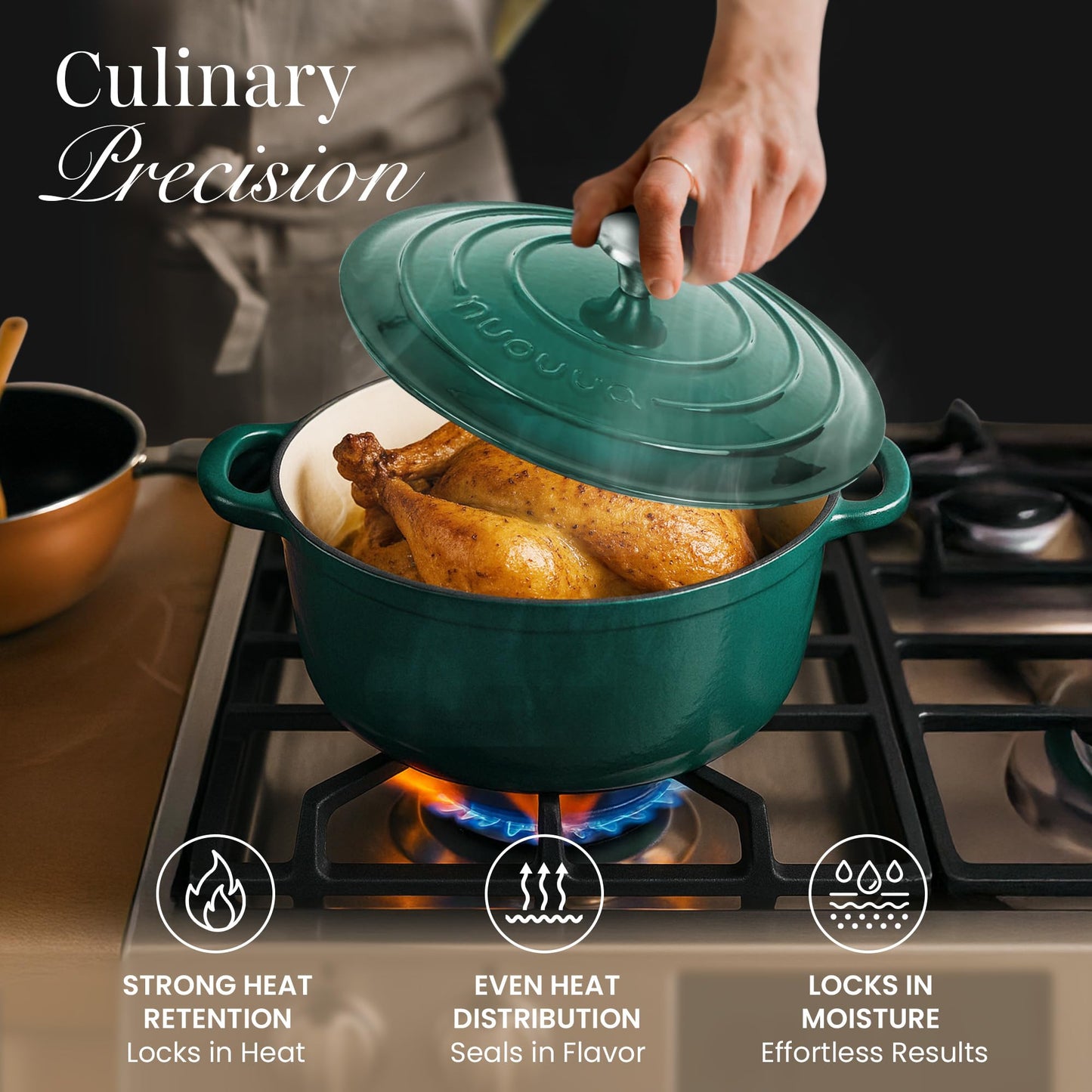 Cast Iron Dutch Oven with Lid – Non-Stick Ovenproof Enamelled Casserole Pot – Sturdy Dutch Oven Cookware – Dark Green, 7.3-Quart, 30cm – by Nuovva