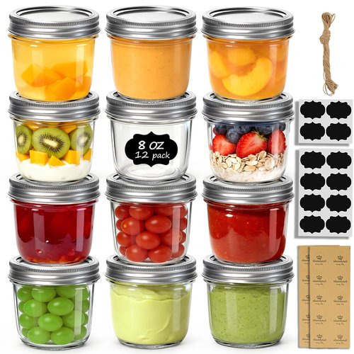 ComSaf 8 oz Wide Mouth Mason Jars, 12Pcs Glass Jars for Home Cooks Making Jam and Jelly, and Crafters Creating DIY Candles and Party Favors, Canning Jar with Lids and Rings，Includes Labels & Twine