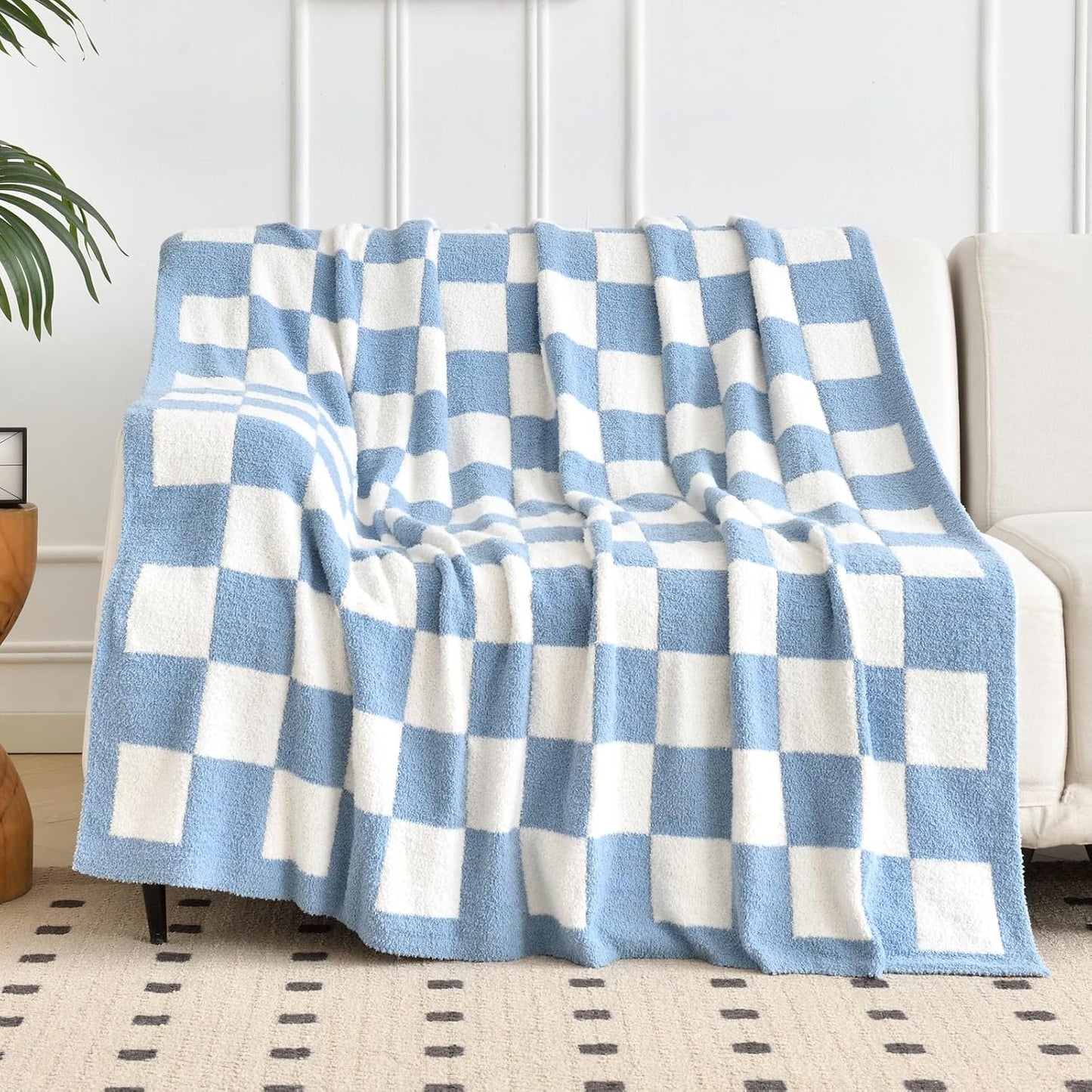 Skiennix Checkered Knitted Throw Blanket - Cozy Fluffy Plaid Design for Couch & Bed | Lightweight 50"x60" Blue