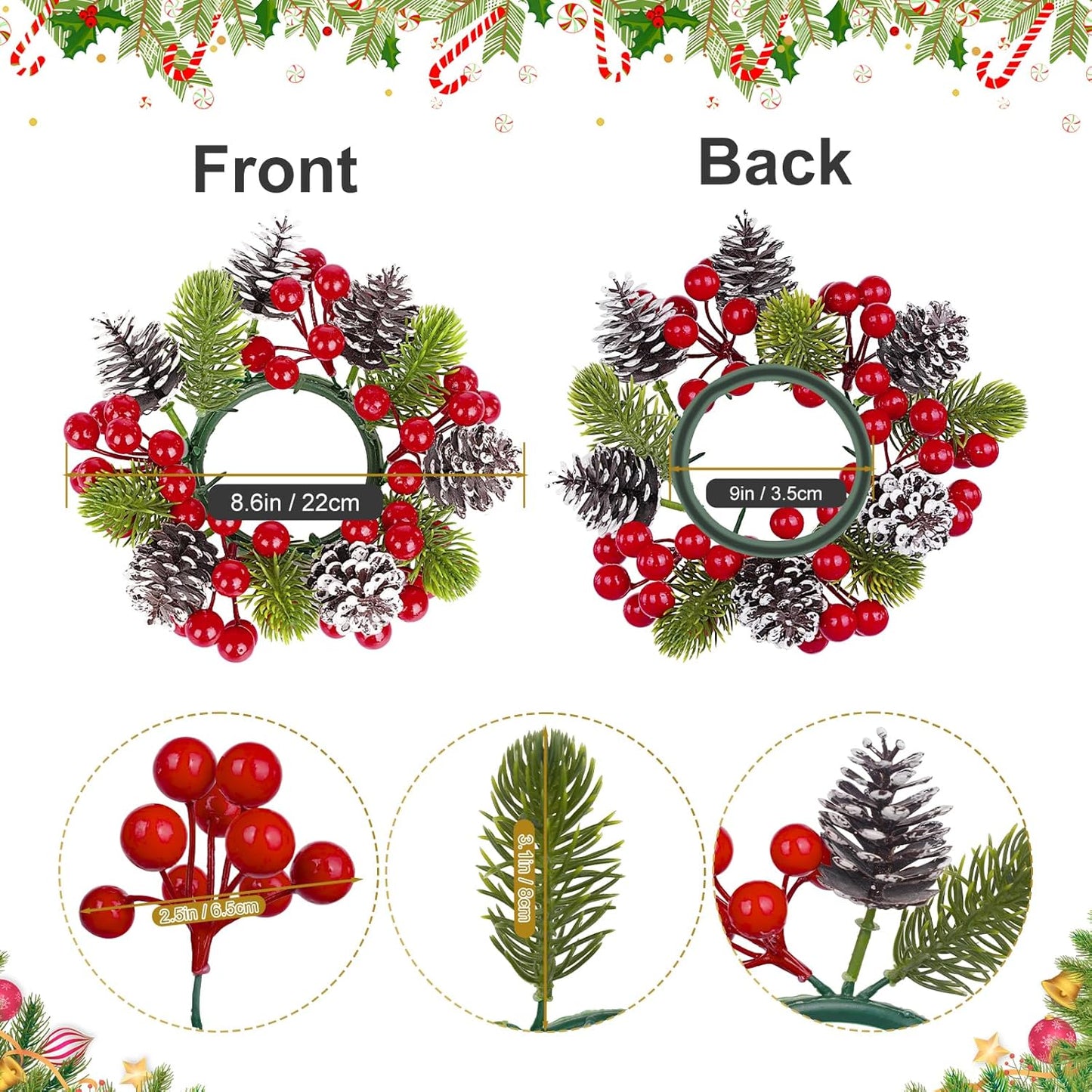 Regine Switzerland Christmas Candle Ring Set - 6 Pcs with Pine Cones, Red Berries & Green Leaves for Pillar Candle Holders | Festive Table Centerpiece Decor