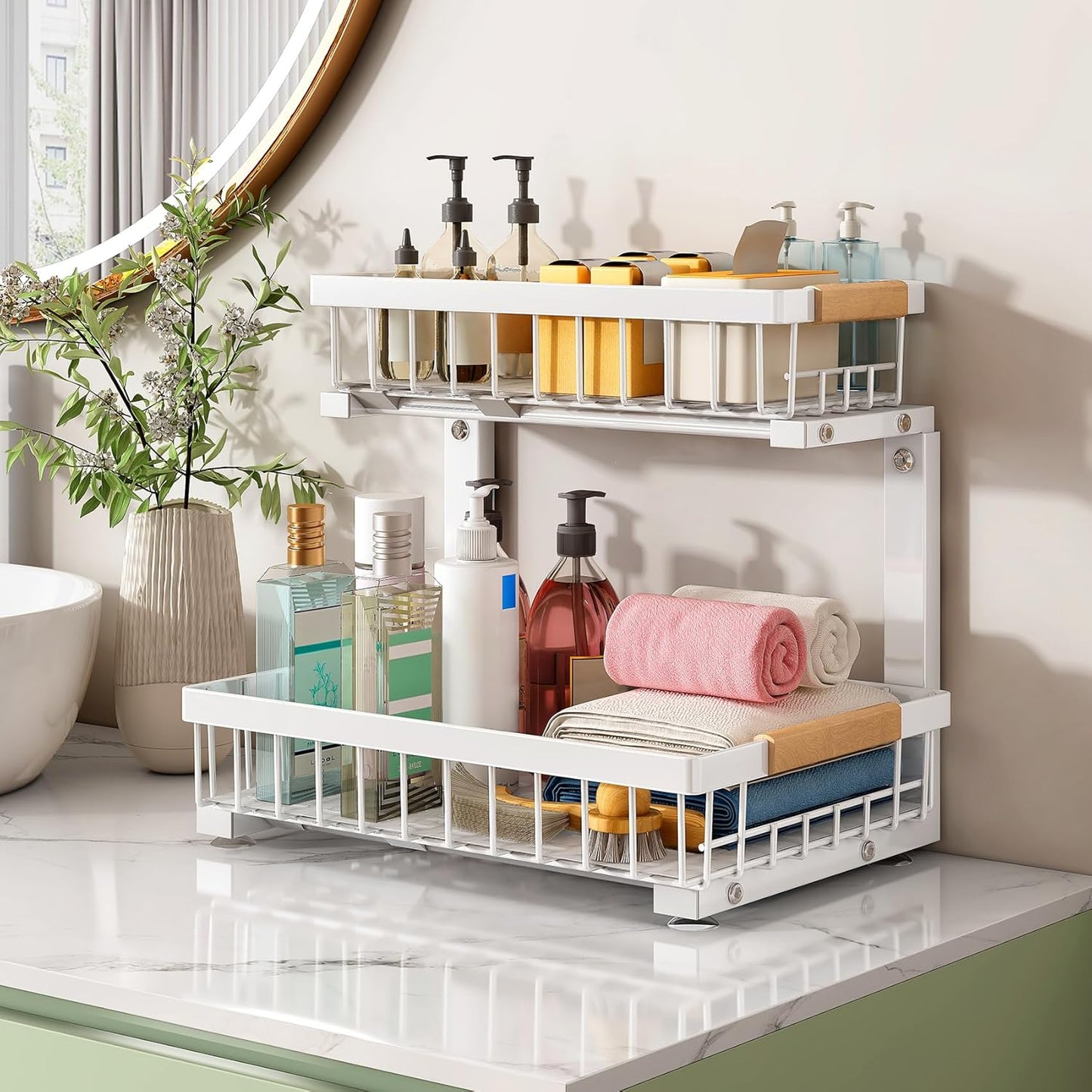 Kitstorack Under Sink Organizer - 2-Tier Metal Sliding Drawer for Kitchen & Bathroom Storage | White, 2 Pack