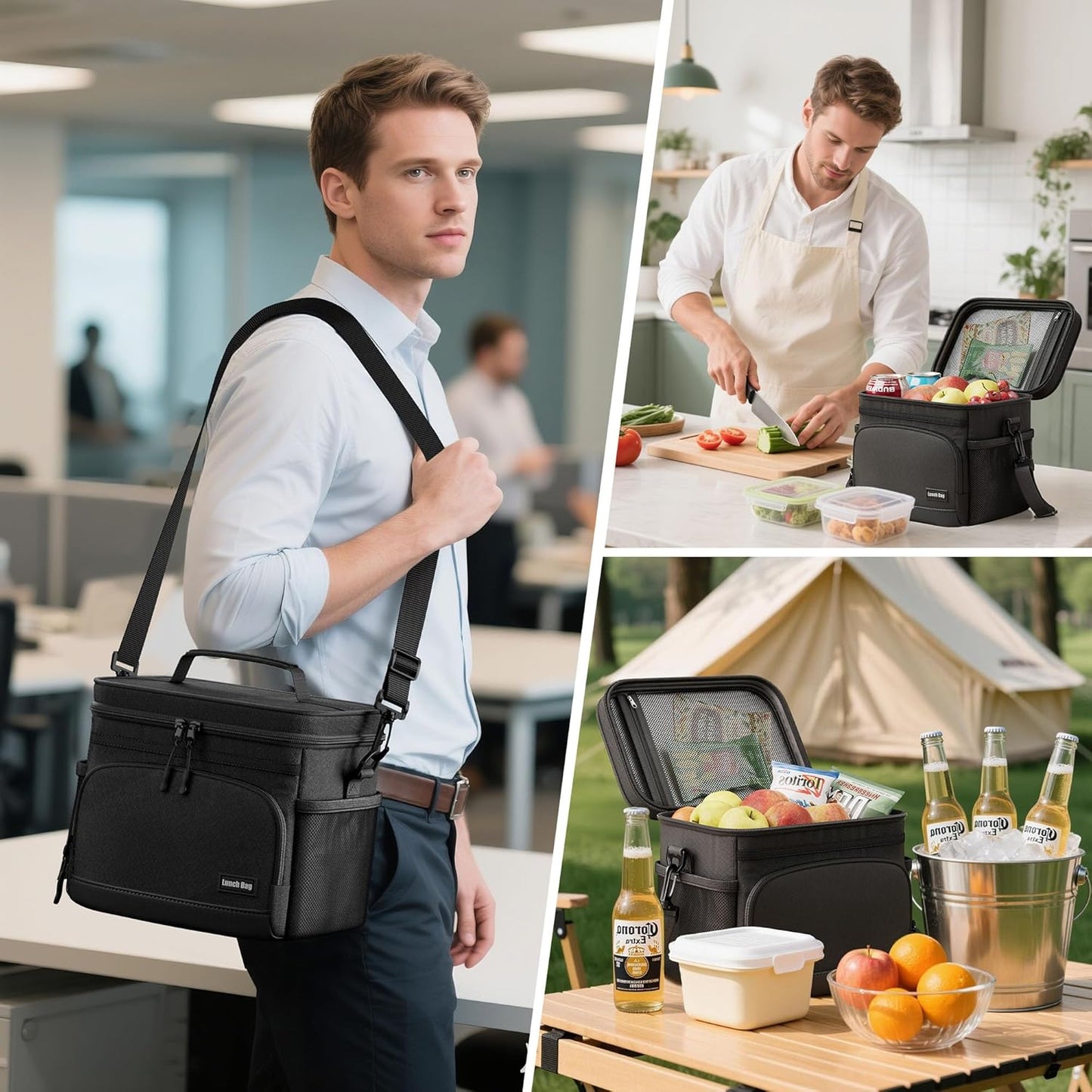Skiennix Insulated Lunch Bag - Soft Cooler Tote for Work, Office, Travel & Picnic | Black, 9L