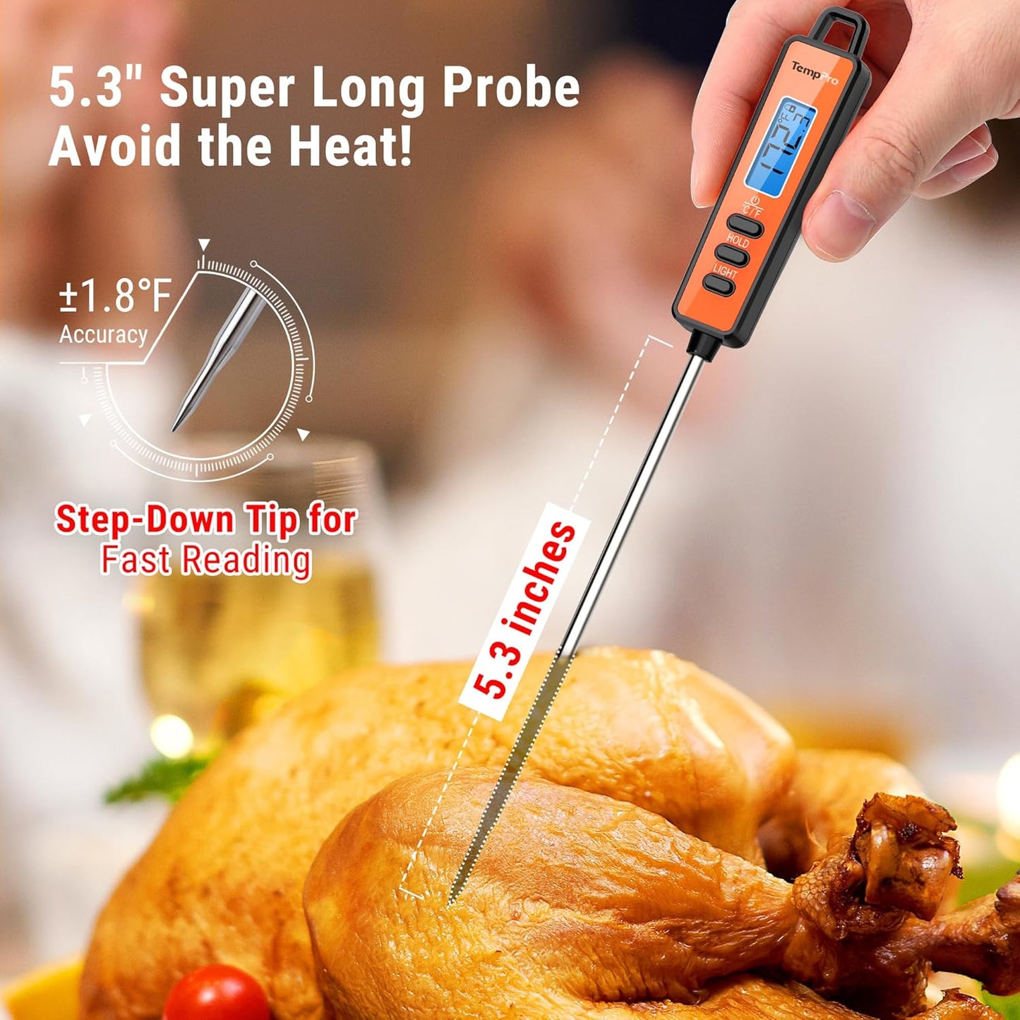 TempPro Digital Meat Thermometer - Instant Read Kitchen Thermometer with Long Probe & Backlit Display