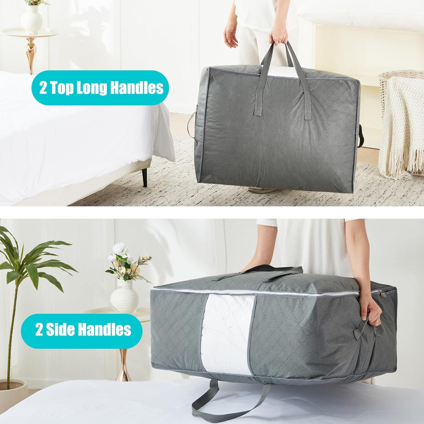Regine Switzerland 105L Extra Large Storage Bags - Organize Blankets, Bedding & Clothes | 3-Pack Grey with Handles & Clear Window