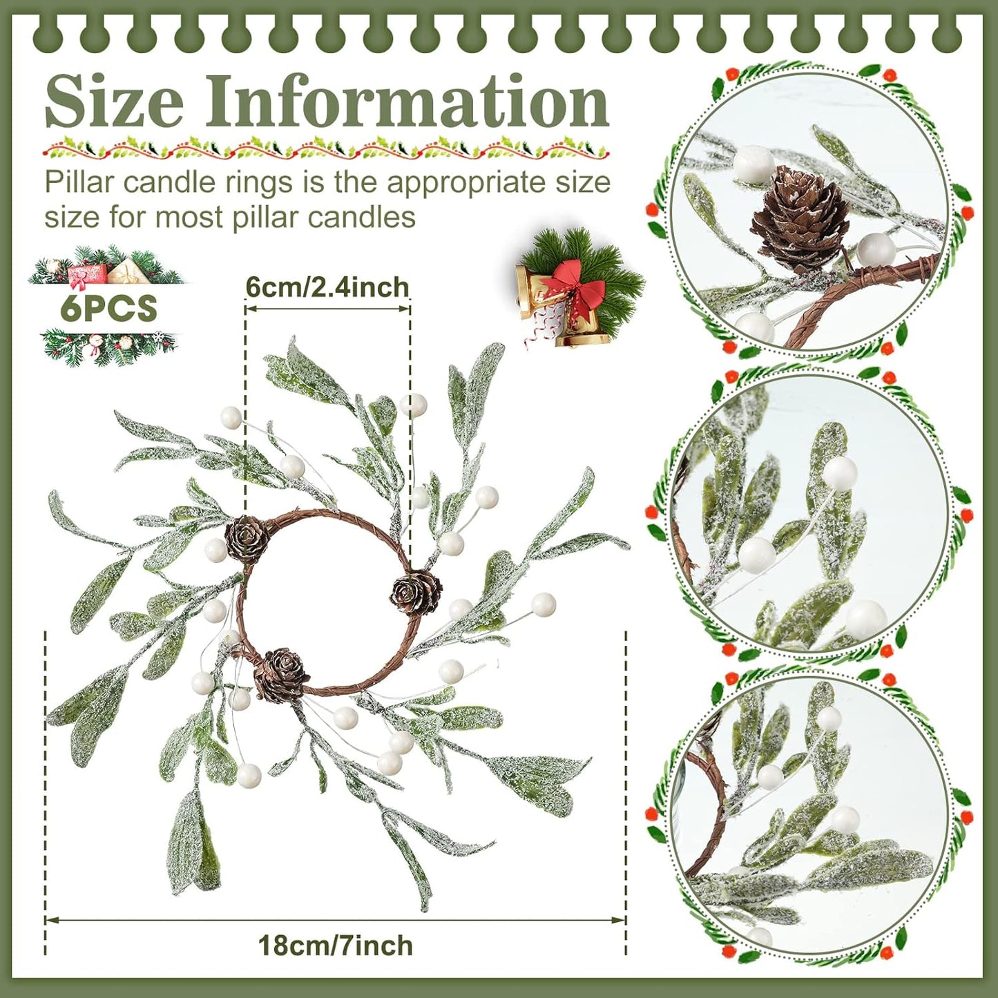 Skiennix Christmas Pillar Candle Rings - 6 Pieces Frosted Mistletoe Wreaths with Pearl Accents for Holiday Decor