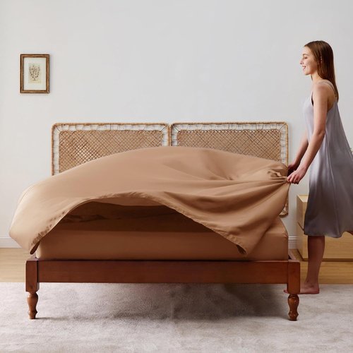 Bedsure King Size Cooling Sheets Set - Breathable Rayon from Bamboo, Soft & Silky, Deep Pocket Up to 16 Inches, Khaki