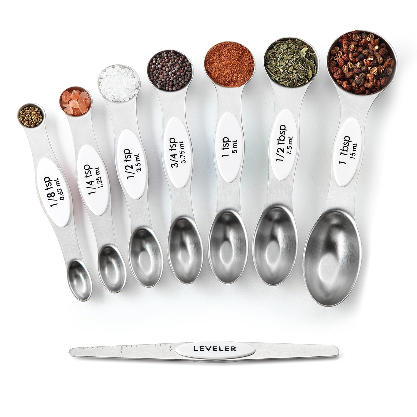 Spring Chef White Stainless Steel Magnetic Measuring Spoons Set of 8 with Leveler, Dual Sided Metal Teaspoon & Tablespoon Measuring Spoons, Fits in Spice Jars, Kitchen Gadgets for Baking & Cooking