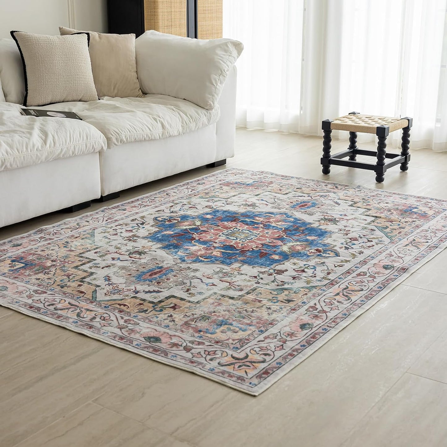 KEKUOU Area Rug 5x7 Washable Rug，Boho Tribal Area Rug，Non Slip Water Repellent Floor Carpet for Living Room Bathroom Bedroom(5'* 7'，Golden)