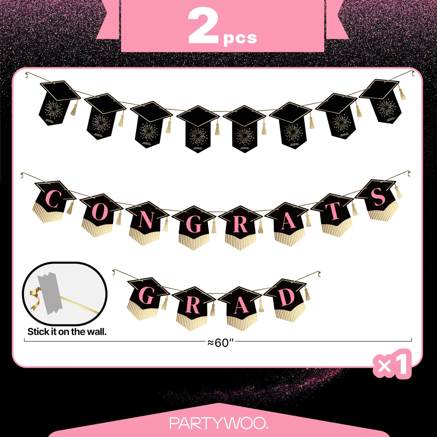 PartyWoo Class of 2026 Black Pink Gold Graduation Banner Decorations 2pcs Black Pink Gold 2026 Hanging Congrats Grad Party Banner Supplies for Middle High School College Graduation Party Decorations