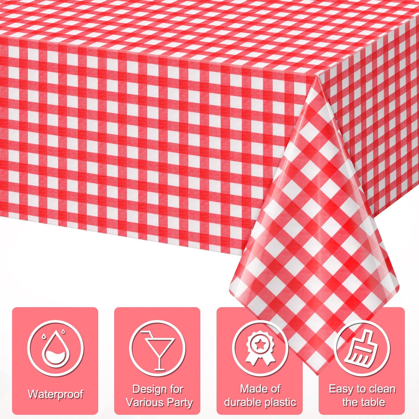 YIDAKO 6pcs 54X108inch Red Checkered Tablecloth,Red Gingham Tablecloths Buffalo Plaid Disposable Plastic Table Covers for Birthday Baby Shower Bridal Wedding Party Birthday Decorations