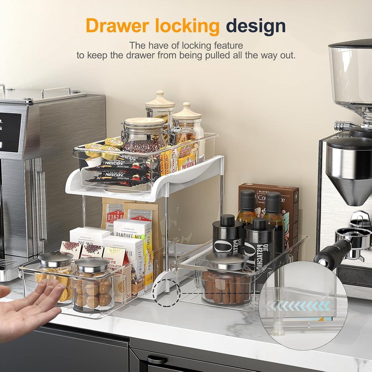 Sevenblue Under Sink Organizer - 2-Tier Kitchen & Bathroom Storage with Sliding Drawer & Hooks | Clear