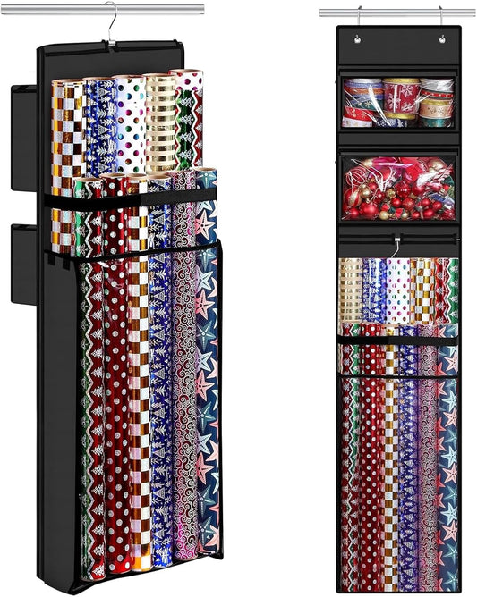 Woodoulogy Wrapping Paper Organizer - Double-Sided Gift Wrap Roll Holder | 63"x13" Over Door Storage - Black