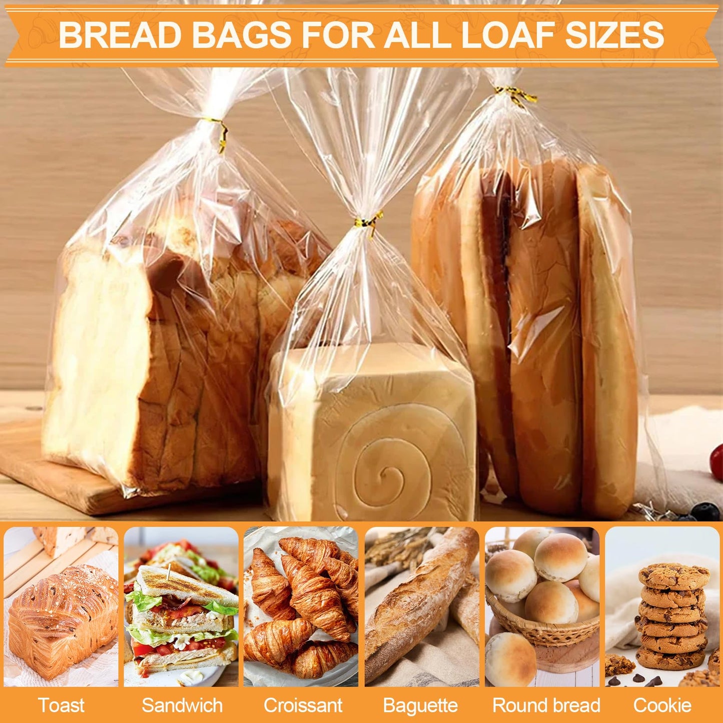 vivinin 70 Pack Bread Bags & 100 Pack Ties, 8" x 4" x 18" Clear Bread Bags for Homemade Bread, Reusable Plastic Bread Storage Bags for Bakers, Bakery Owners