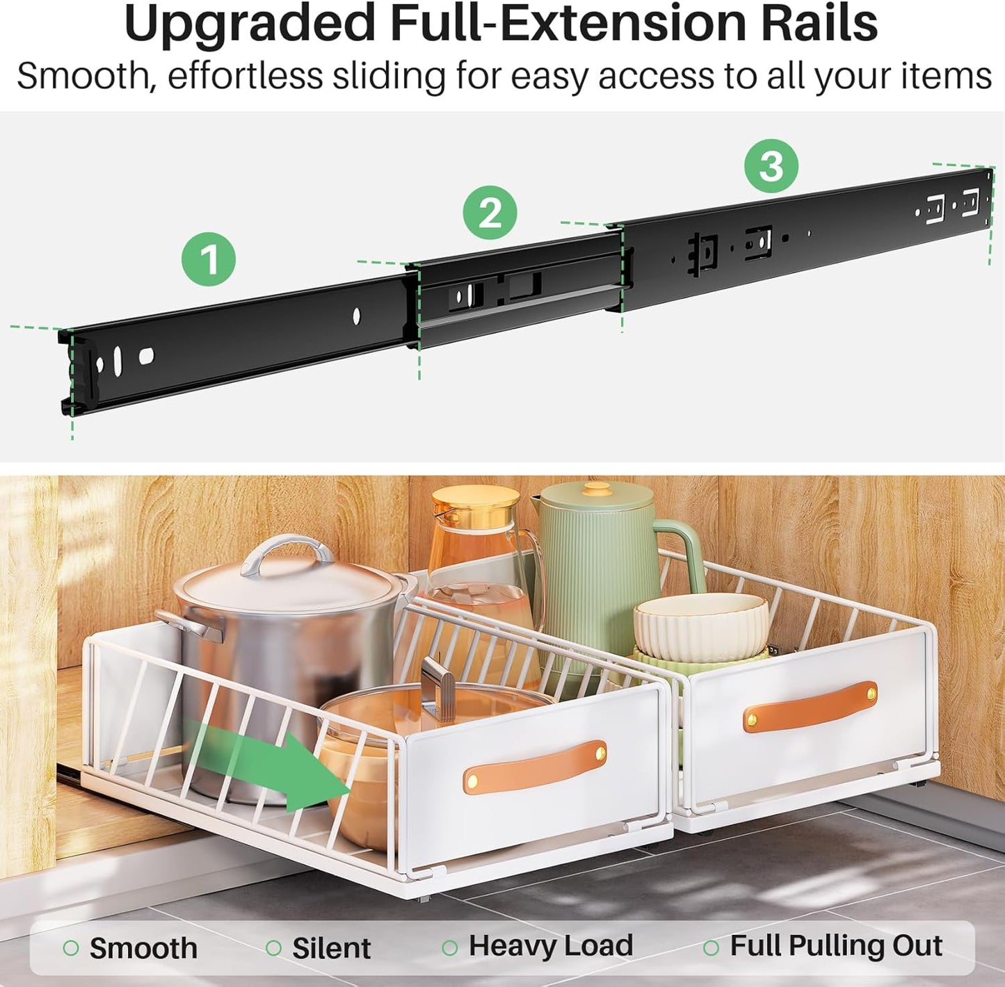 Skiennix Pull-Out Cabinet Organizer - Heavy-Duty Sliding Pantry Shelves with Handle | 9.8"W x 15.7"D x 6.2"H, White