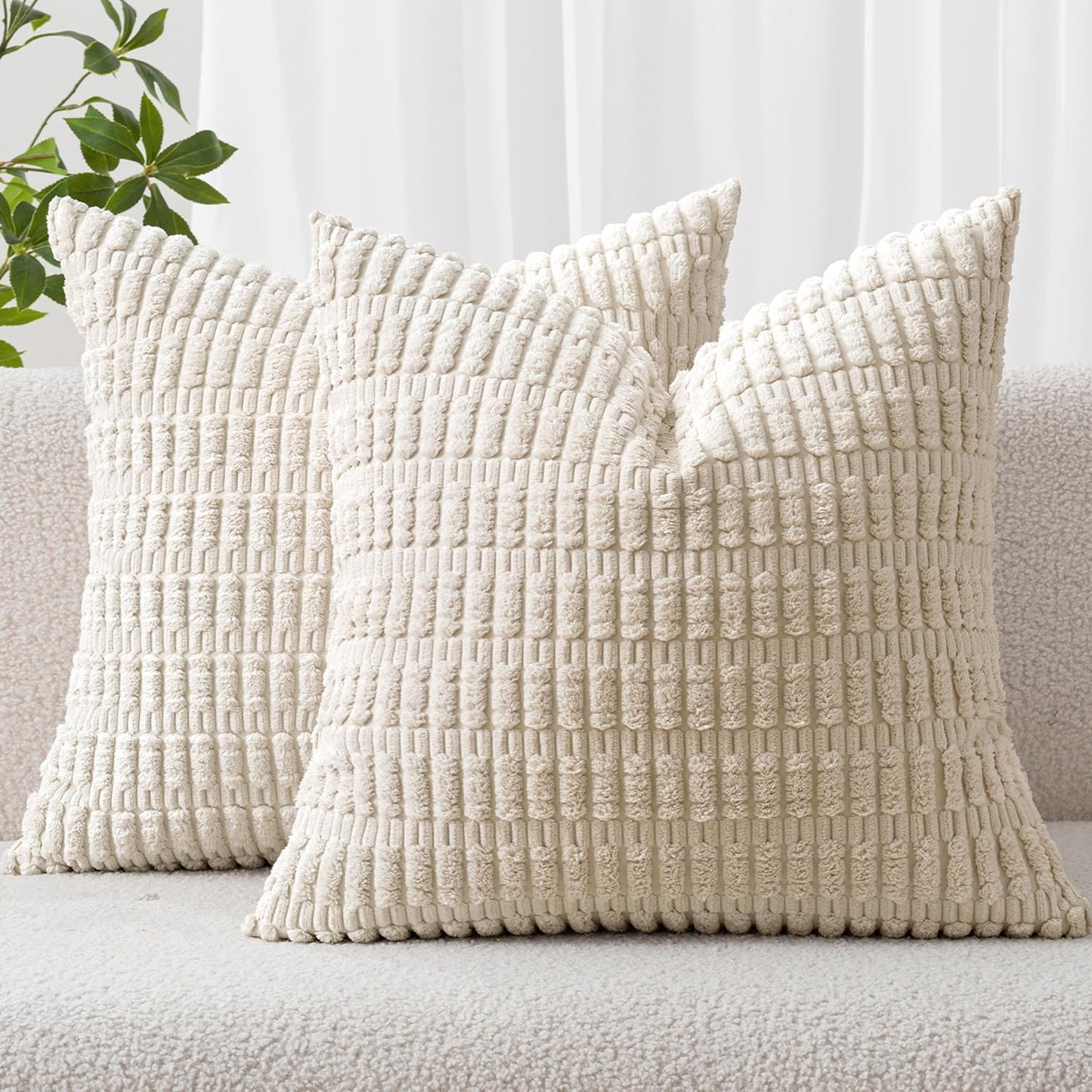 MIULEE Euro Sham Pillow Covers - Soft Boho Striped Corduroy | 26x26 Inch Cream White Decor for Sofa & Bed