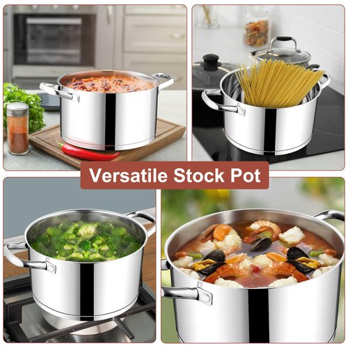 E-far Stainless Steel Stock Pot, 8 Quart Tri-ply Base Cooking Pot with Glass Lid, Induction Soup Pot Compatible with All Stoves, Nontoxic & Thick Bottom, Oven & Dishwasher Safe