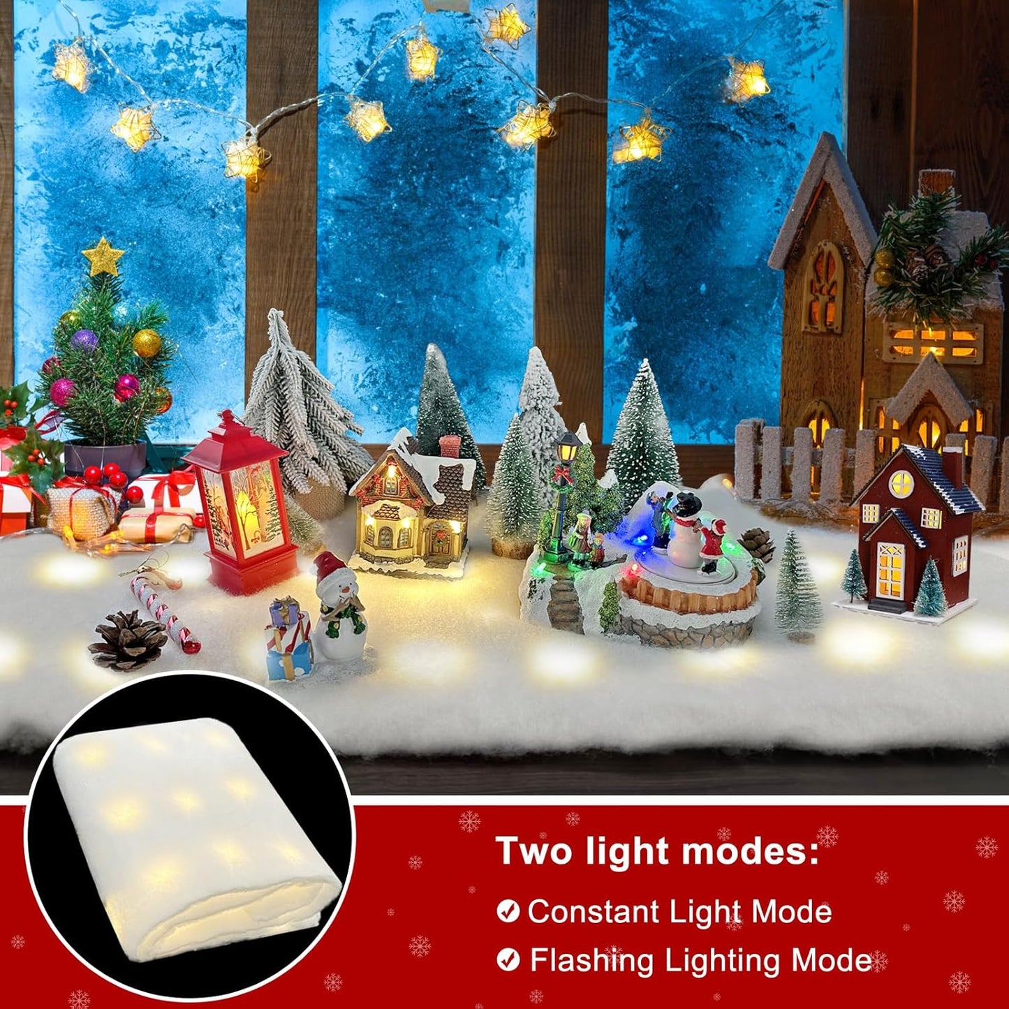 Skiennix Christmas Snow Blanket - 1.3x5.25 Ft Faux Snow Roll with 50 LED Lights for Winter Displays