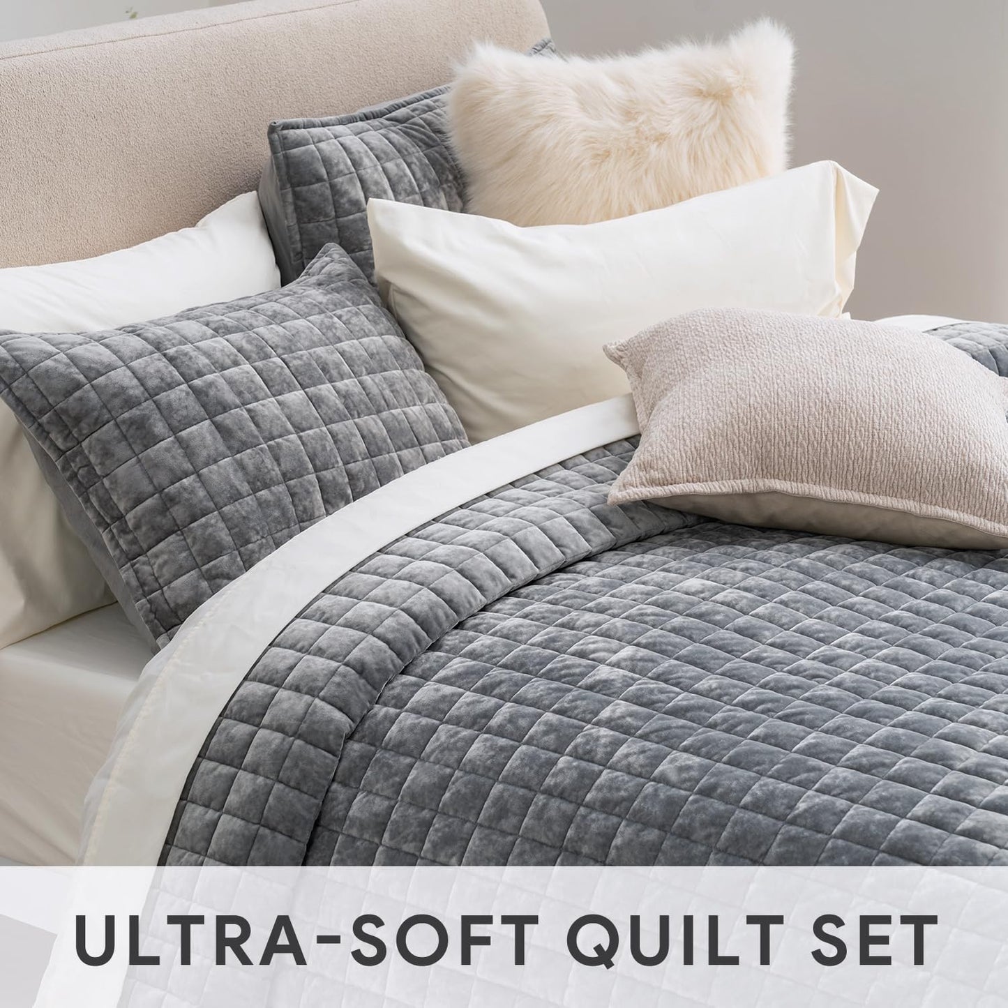 RECYCO Luxury Velvet Quilt Set - King Size Lightweight Comforter with 2 Matching Pillow Shams | Gray All-Season Bedding