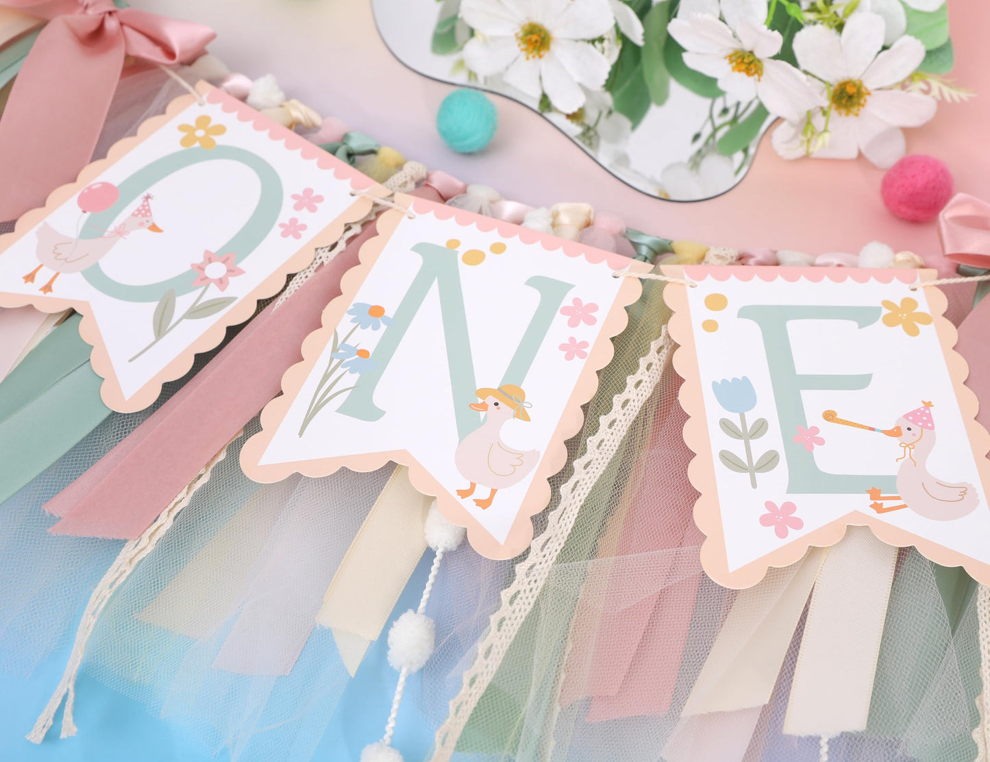 One Happy Goose High Chair Banner - Sweet 1st Birthday Party Decorations,Colorful Highchair Garland with Bow Ribbon,Little Goose First Birthday Banner Photo Props,Fun Geese Lawn Party Supplies
