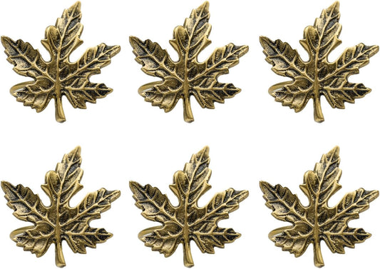 Gold Maple Leaf Napkin Ring Holder Set - 6 Piece Decorative Tabletop Décor for Christmas & Thanksgiving
