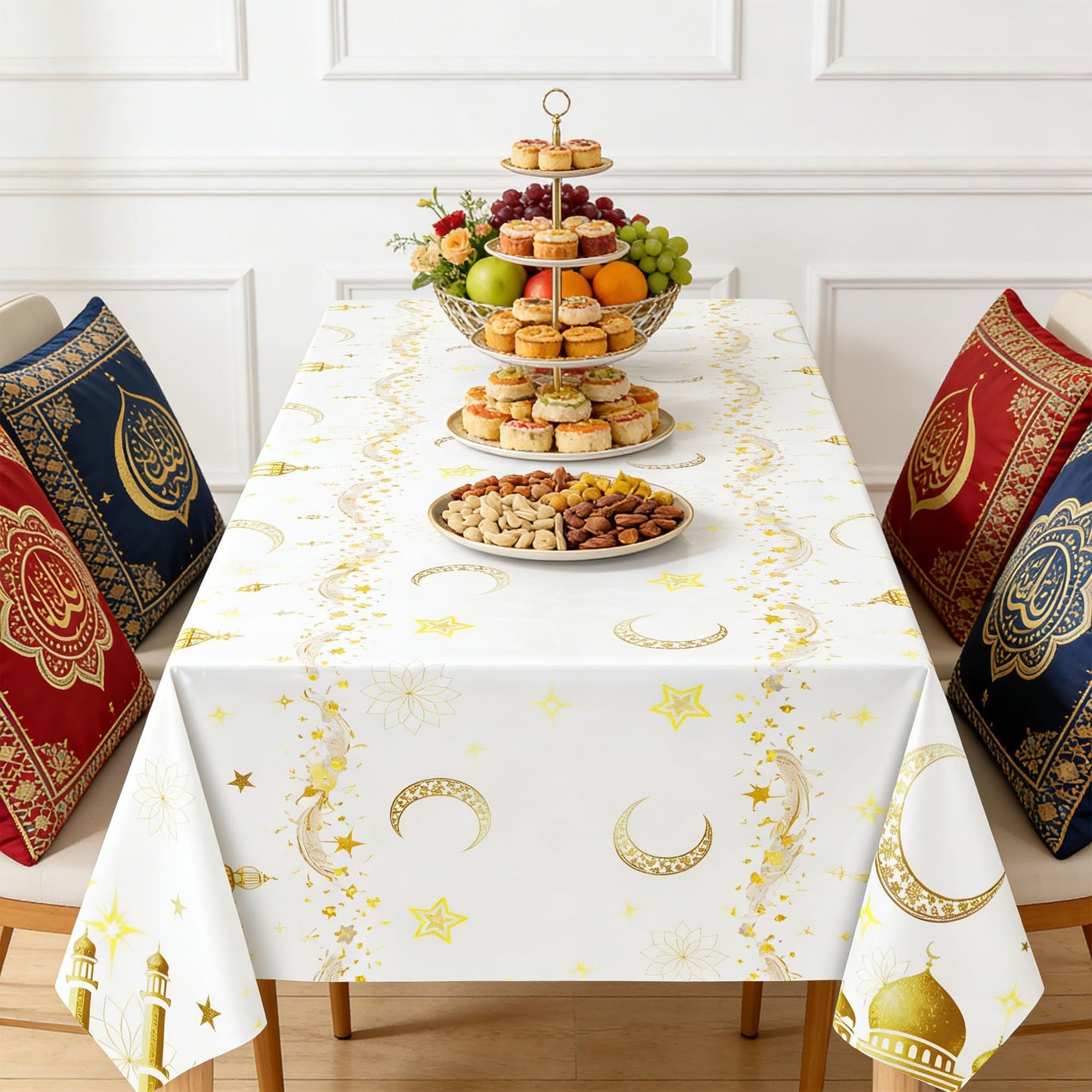 Ramadan Plastic Disposable Table Cloth: White and Gold Mosque Moon Star Lamp Ramadan Kareem Table Cover Muslim Eid Al-fitr Eid Mubarak Tablecloths for Ramadan Party Supplies 54×108Inches(3 Pcs)