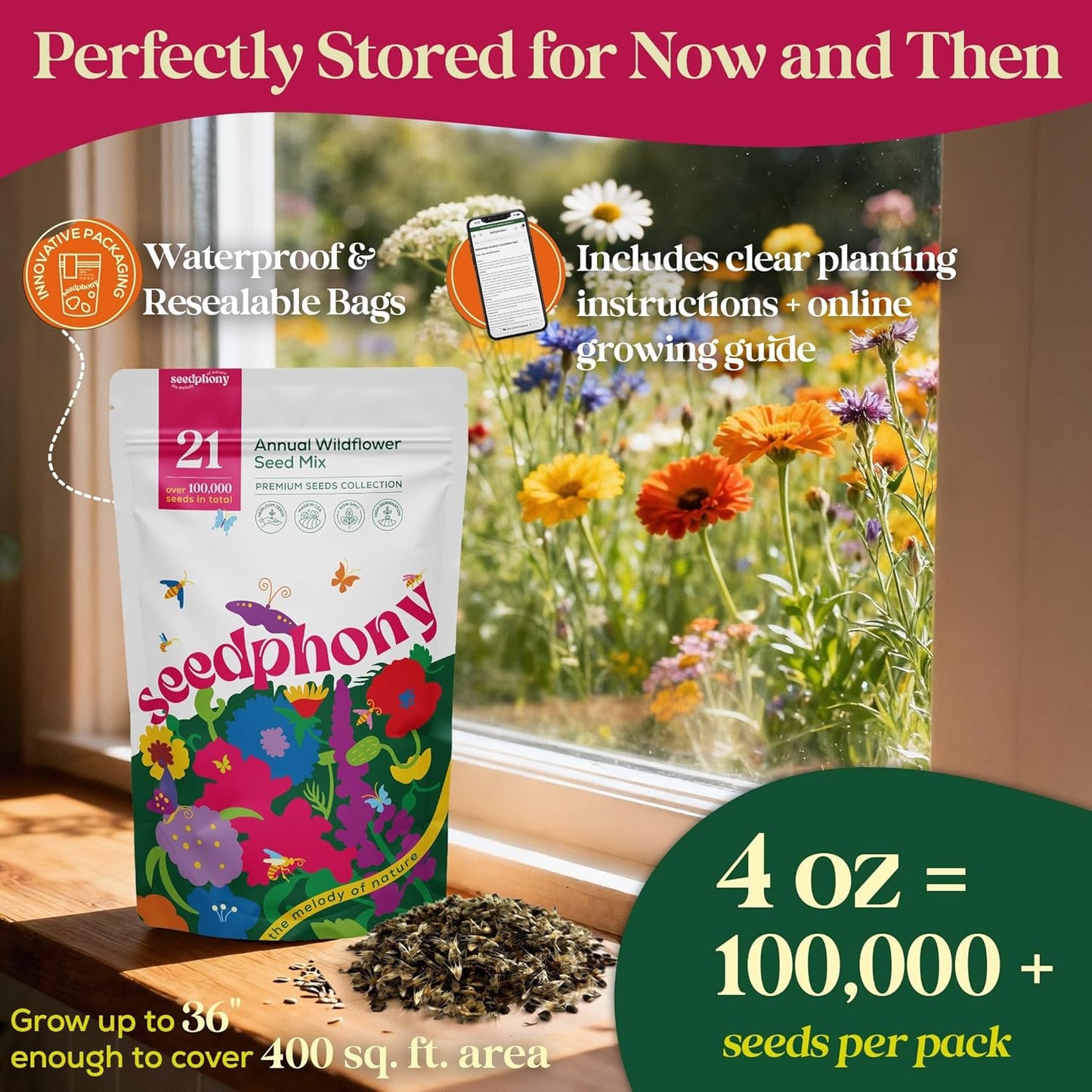 Seedphony 21 Annual Wildflower Mix - 100,000 Non-GMO Heirloom Seeds in Waterproof Packet | Attract Bees & Butterflies