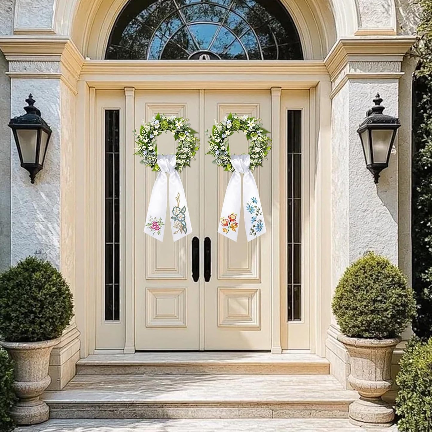 Skiennix 6 PCS Satin Wreath Sashes - White Embroidery Decor for Indoor/Outdoor Weddings & Events