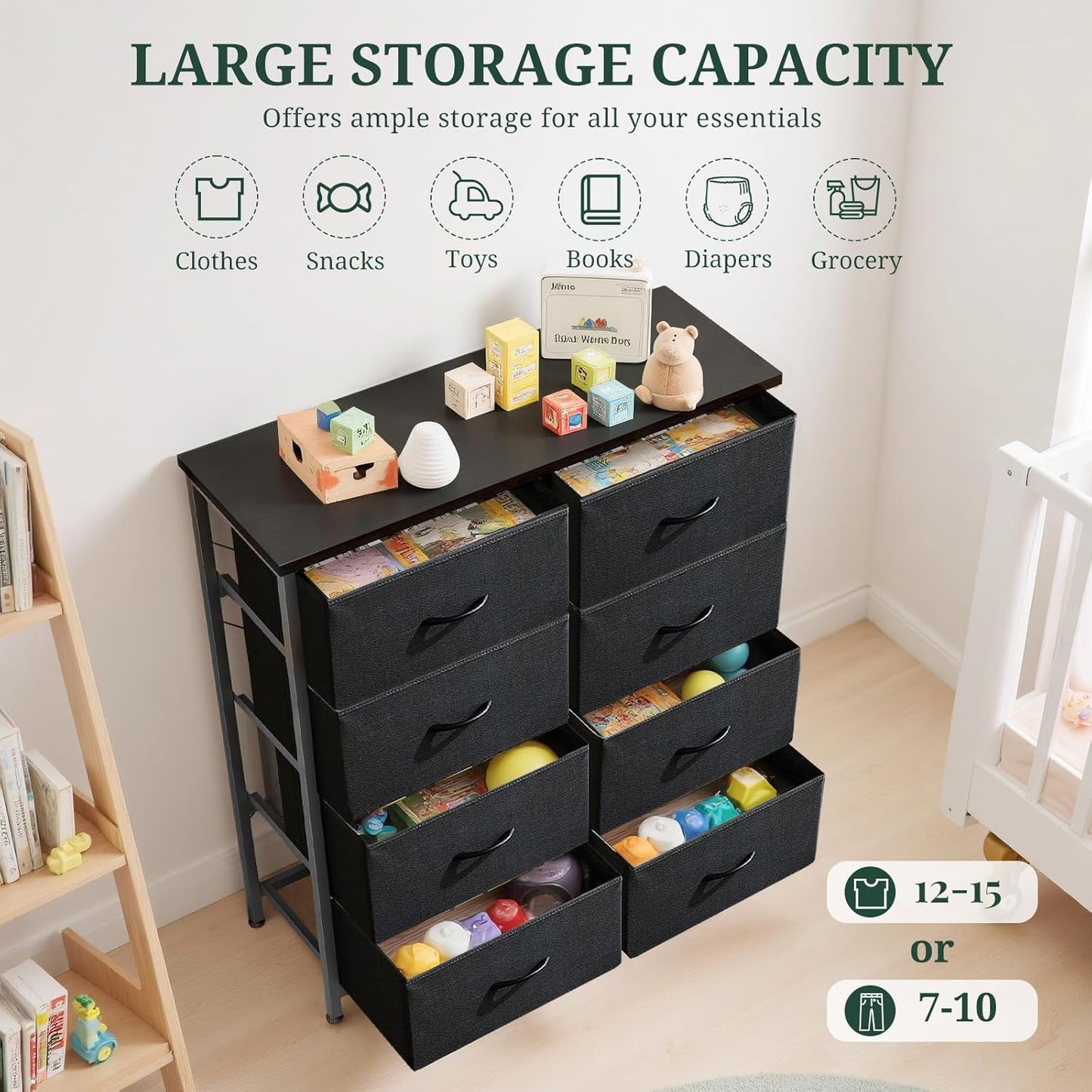 Regine Switzerland 8-Drawer Dresser - Anti-Tip Tall Storage Organizer with Wooden Top & Metal Frame - Black