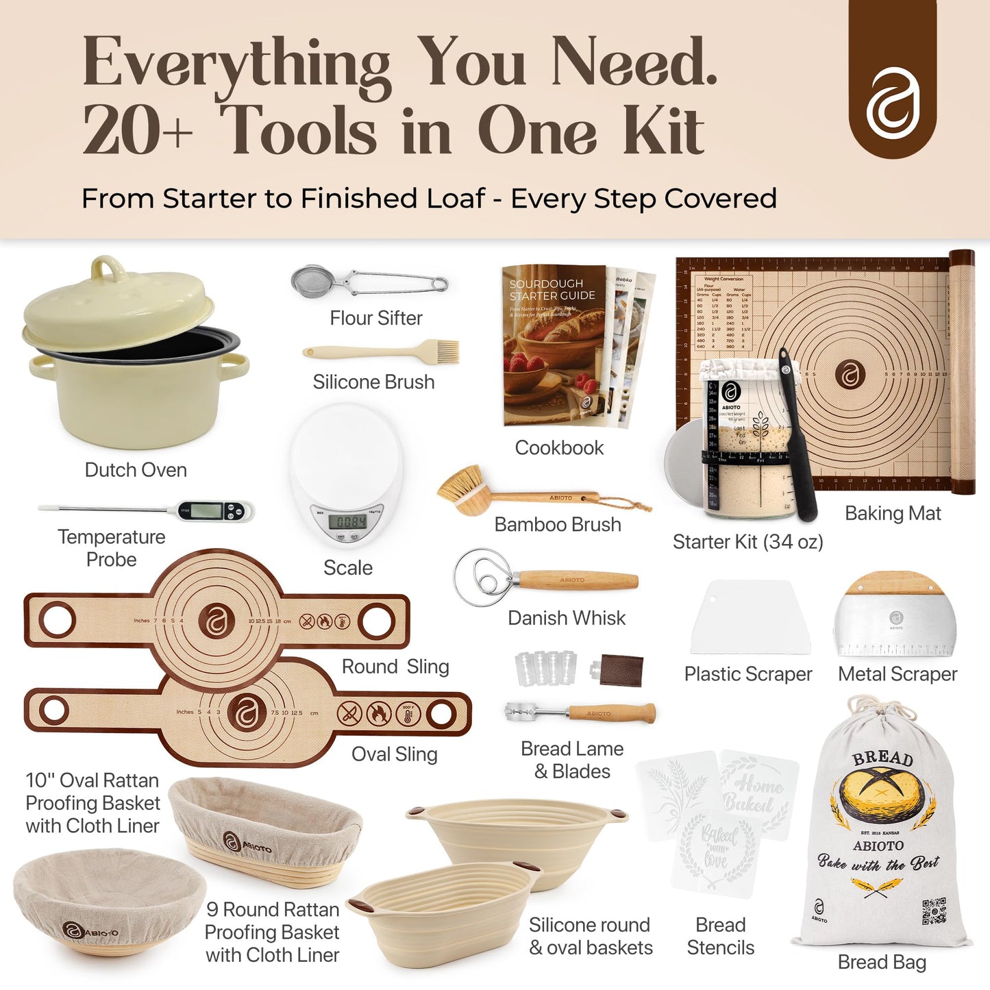 Sourdough Starter Kit with Dutch Oven and Scale - Complete Sourdough Kit with Proofing Baskets, 34oz Jar, Slings, and Other Premium Bread Making Tools - Perfect Baking Gifts for Women, Men, and Bakers