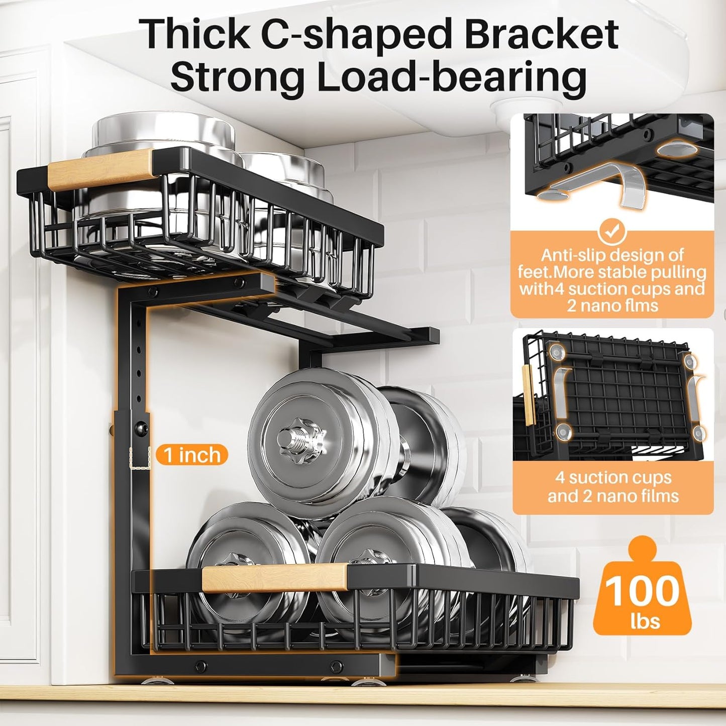 PXRACK Under Sink Organizer - Adjustable 2-Tier Pull-Out Storage for Kitchen & Bathroom | Large Black 2-Pack