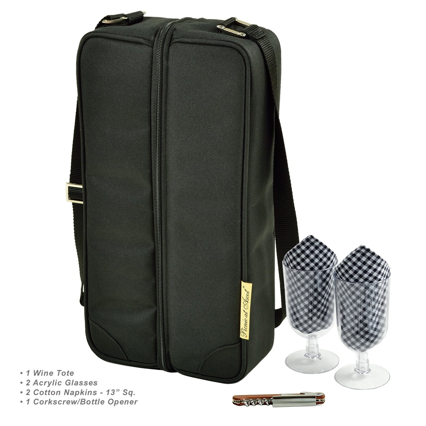 Picnic at Ascot Insulated Wine Tote with 2 Wine Glasses, Napkins and Corkscrew -Designed & Assembled in the USA