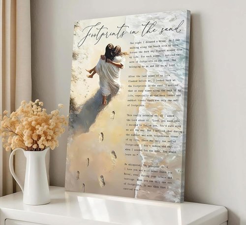 Footprints In The Sand Canvas Wall Art - Christian Inspirational Painting of Jesus & Woman | 12x16in Framed Decor