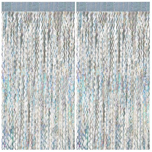 2 Pack Silver Backdrop Curtain Tinsel Streamers Sparkle Metallic Wavy Foil Fringe Photo Booth Props for Birthday Graduation Bachelorette New Year Christmas Wedding Disco Party Decorations