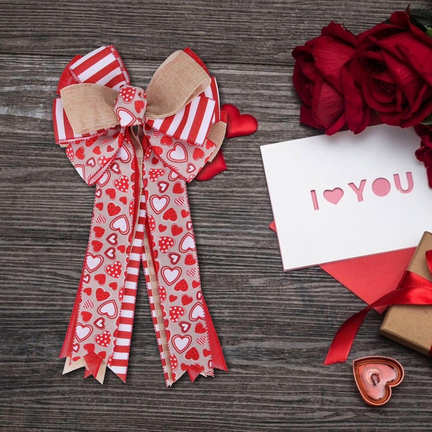Meseey Valentine's Day Tree Topper Bow - Red Heart Printed Burlap Wreath for Home Decor | Indoor/Outdoor Use