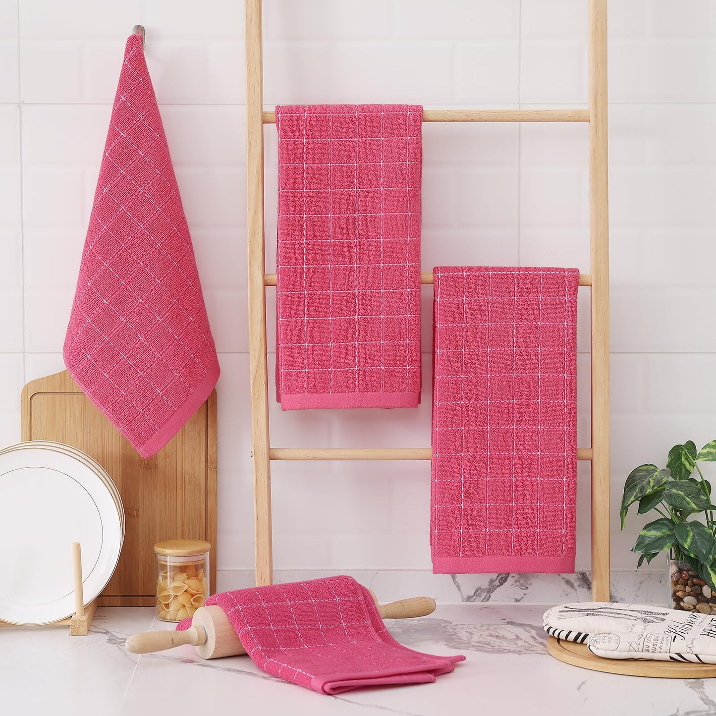 Homaxy 100% Cotton Terry Kitchen Towels(Rose Red, 13 x 28 inches), Checkered Designed, Soft and Super Absorbent Dish Towels, 4 Pack