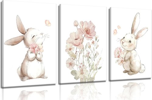 Grengel Bunny Canvas Wall Art - Cute Rabbit & Wildflowers Painting for Nursery | Baby Room Decor