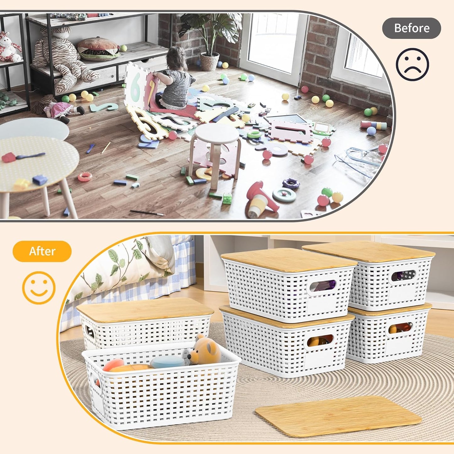 Skiennix Plastic Storage Baskets - Stackable Containers with Bamboo Lids & Labels, 6-Pack White