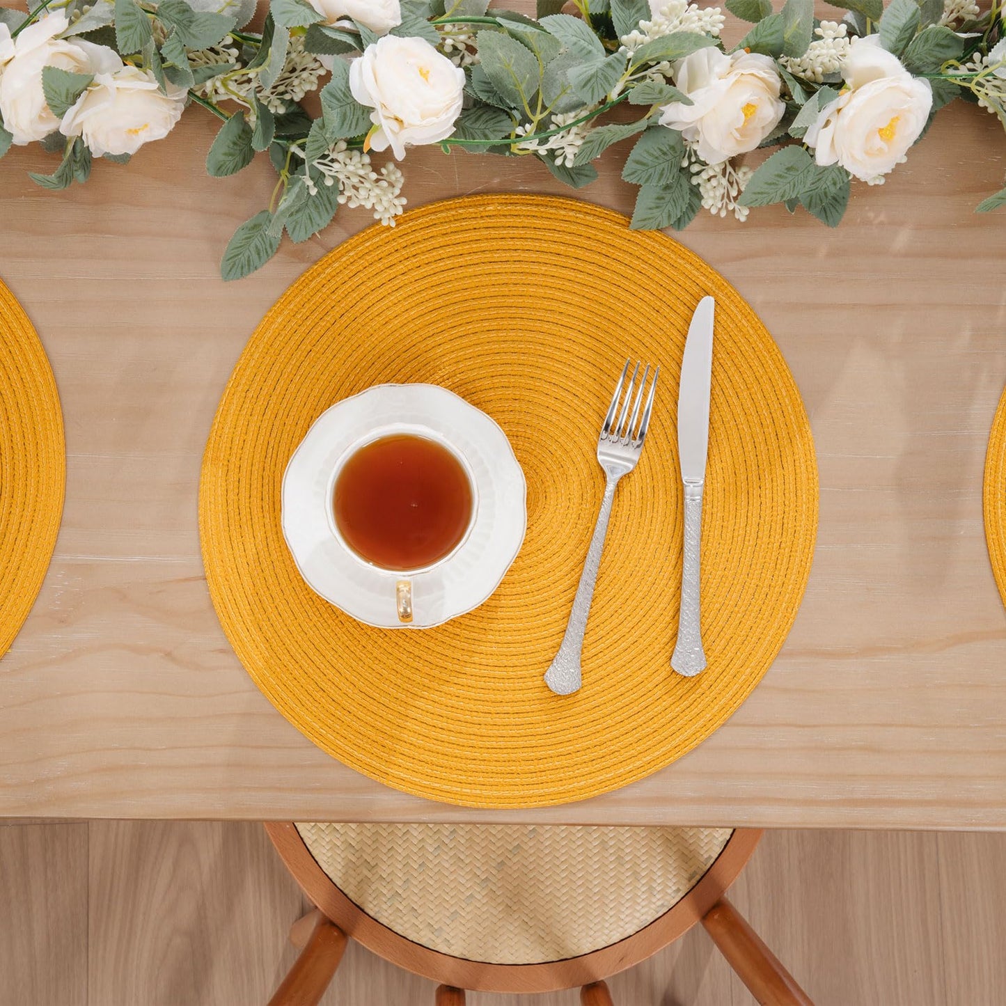 SHACOS 15 inch Round Braided Placemats Set of 6 Non Slip Washable Kitchen Table Place Mats Cotton Polyester Heat Resistant Table Mats for Home Wedding Dinner Party Table Decor, Mustard Yellow
