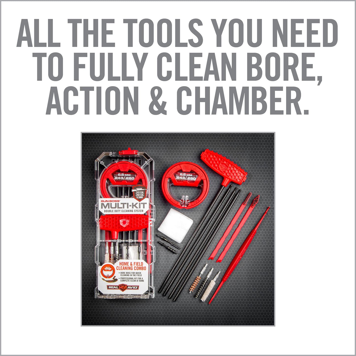 Real Avid Cleaning Kit for .243CAL/6mm/.260CAL/6.5MM Caliber Rifles - Gun Cleaning Kit with Gun Snake, Bore Brush Set Cleaning Rod & Rifle Accessories