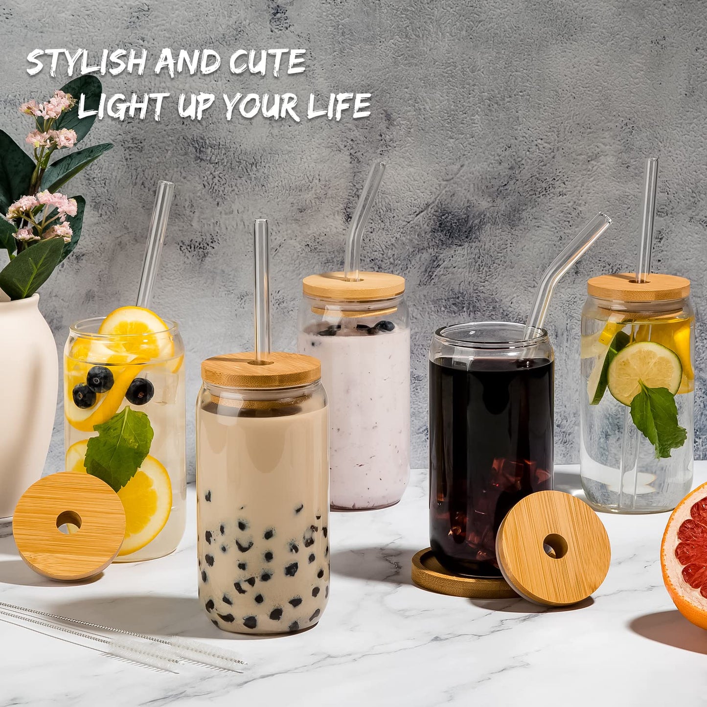 SENTVEND 16 Oz Drinking Glasses with Bamboo Lids and Glass Straw - 6 Pcs Glass Cups Beer Ice Coffee Glasses Cute Aesthetic Cup Great for Coffee Bar Accessories Include 2 Cleaning Brushes