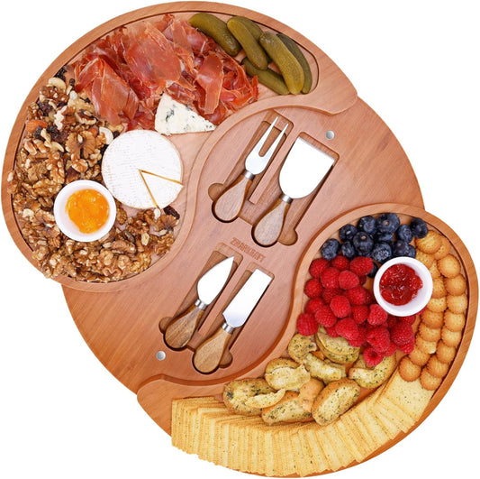 ZMARKRAFT® US Patented Large Double-Layer Charcuterie Board | Cheese Board Platter Set w 4 Knives and 2 Bowls | Premium Bamboo Serving Tray | Hoursewarming Christmas (Mocha Brown)